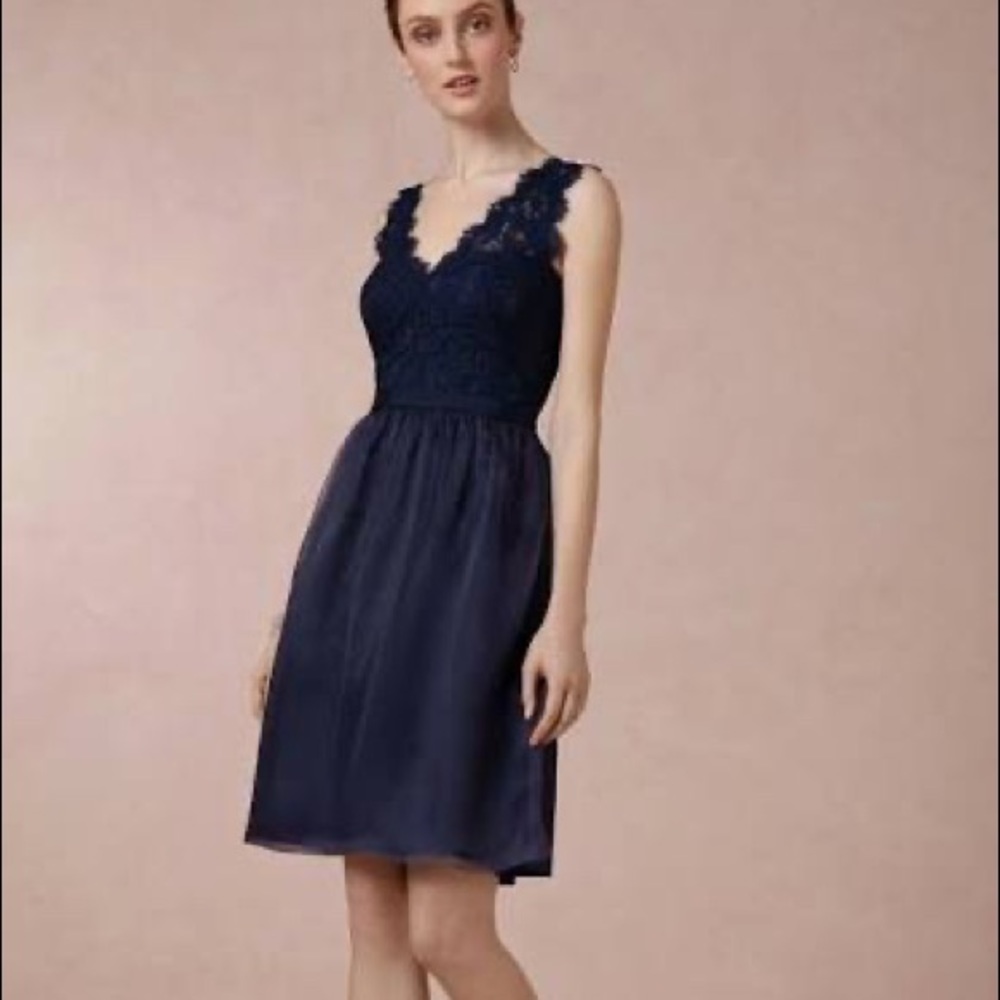 Bhldn Mcginn Claudine Dress Anthropologie Navy Blue Silk Organza Lace- Size 10
